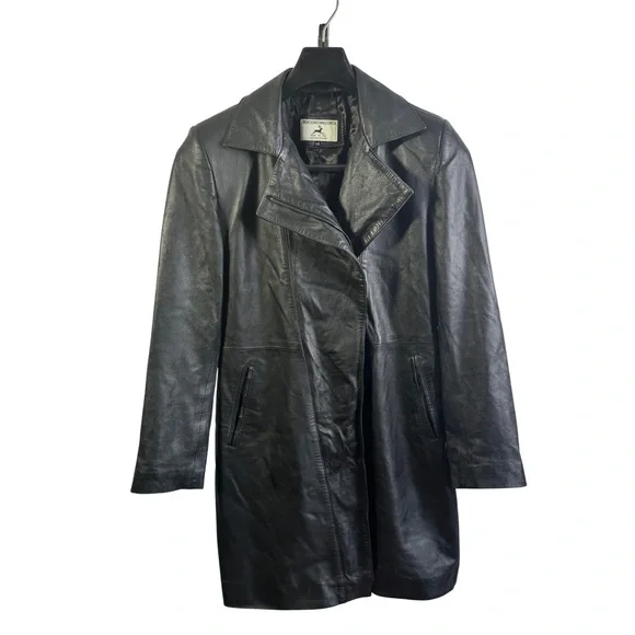 CREACIONES MALLORCA BLACK LEATHER LONG JACKET 42 WOMENS - Picture 2 of 11
